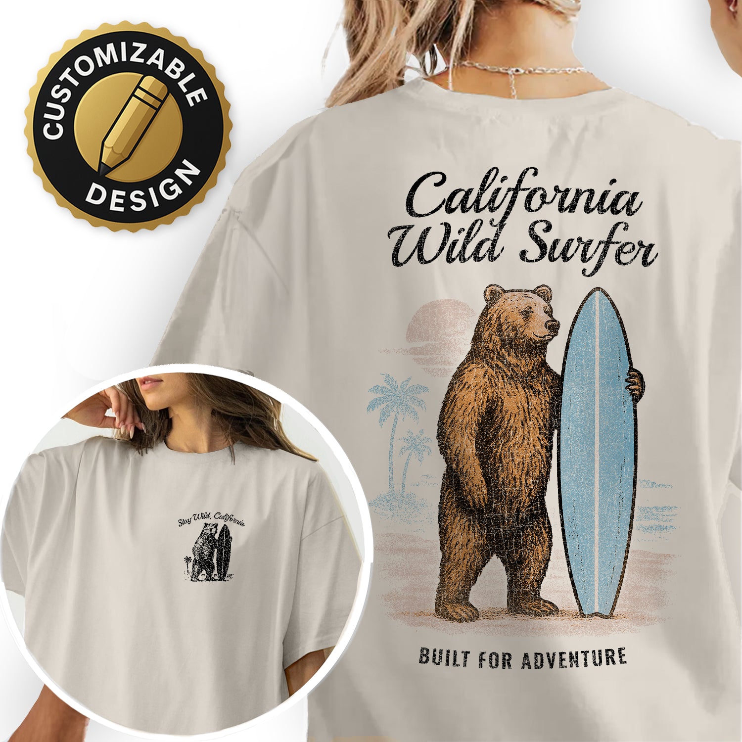 California Wild Surfer T-Shirt, Bear Surfing Tee, Stay Wild California Shirt, Vintage Coastal Adventure Graphic Tee
