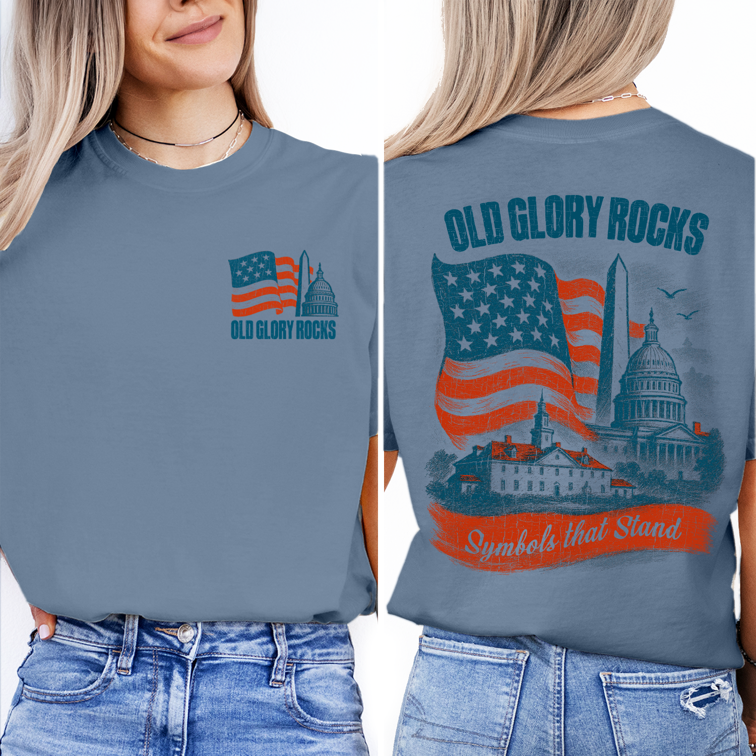 Old Glory Rocks American Flag T-Shirt | Patriotic USA Landmarks Tee | Vintage 4th of July Independence Day Shirt
