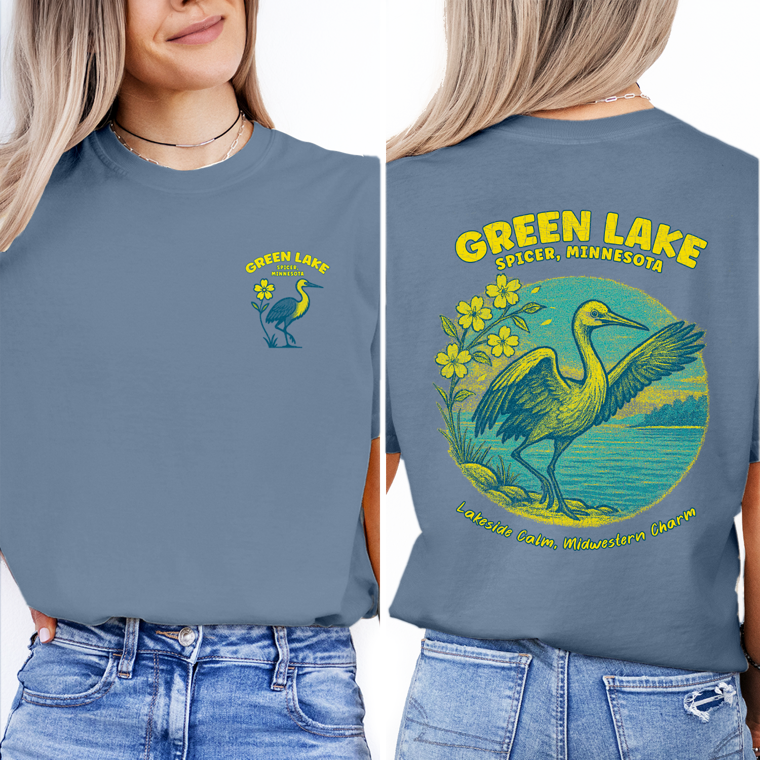Green Lake Spicer Minnesota T-Shirt | Lakeside Bird Graphic Tee | Midwest Travel Souvenir Shirt | Lakeside Calm Charm