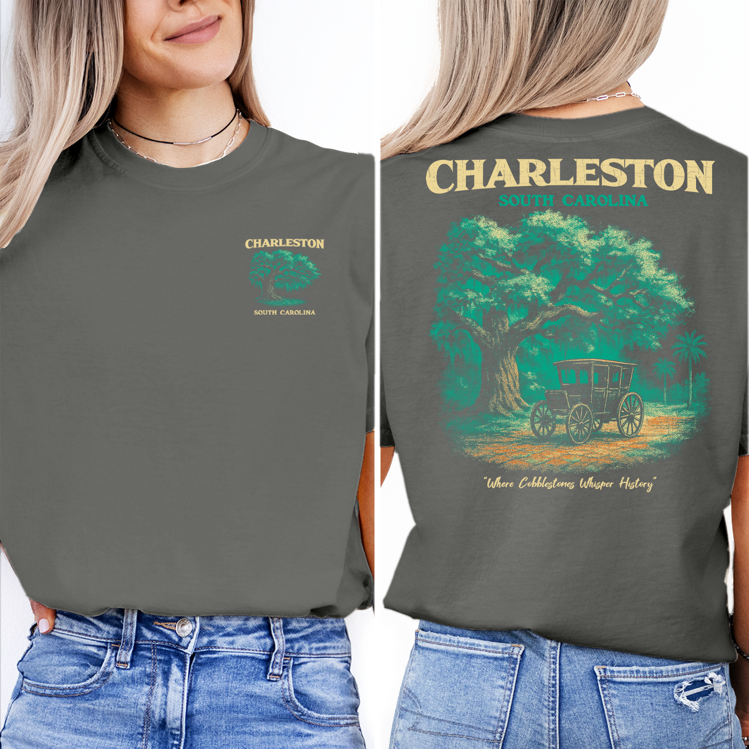 Charleston South Carolina T-Shirt | Historic Carriage Ride Tee | Southern Charm Travel Souvenir | Vintage Tree Graphic Shirt