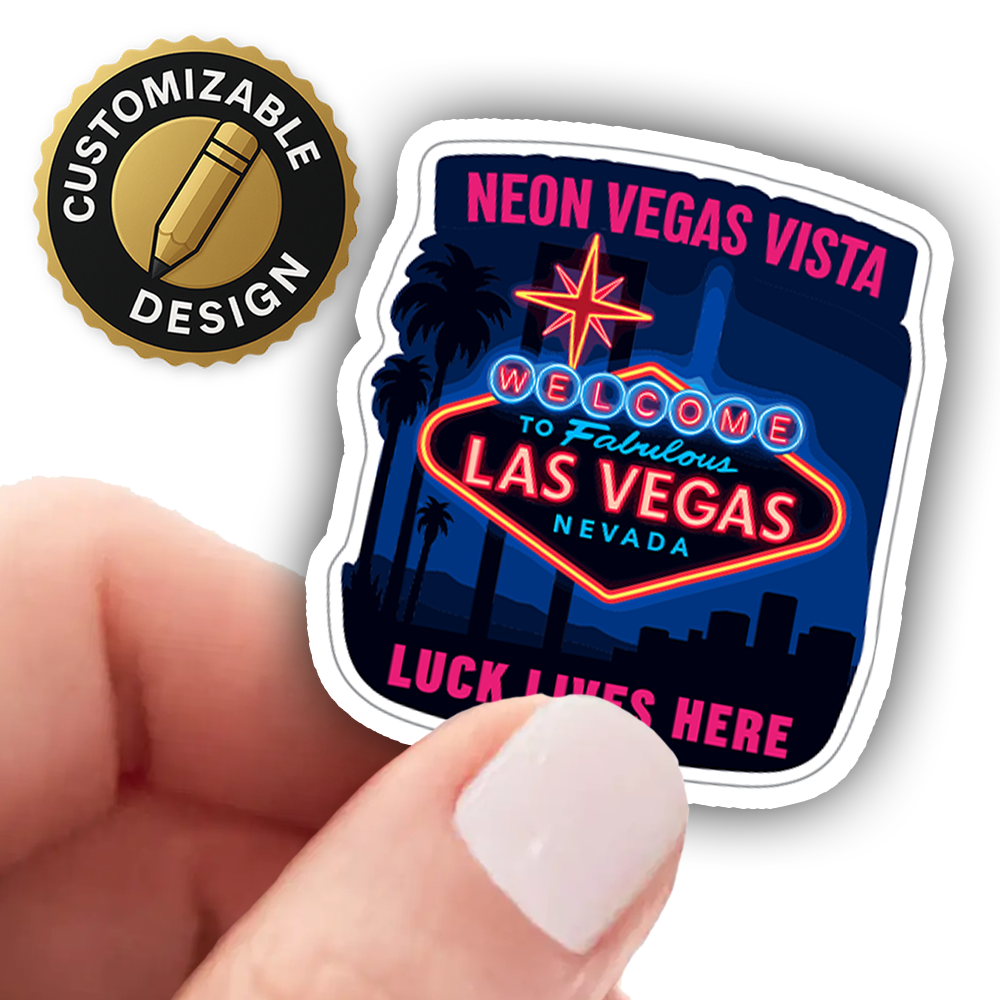 Las Vegas Sticker – Neon Sign Cityscape Art, “Luck Lives Here” Retro Night Vista Vinyl Decal for Vegas & Casino Lovers