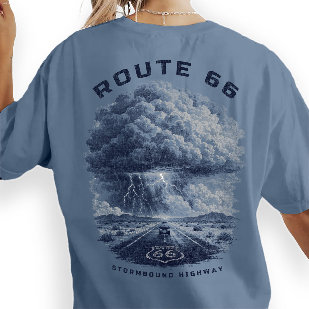 Route 66 Storm Shirt, Vintage Highway Tee, Road Trip T-Shirt, Lightning Storm Graphic, Retro Travel Desert Road Tee