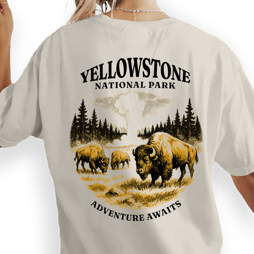 Yellowstone National Park T-Shirt Adventure Awaits Bison Graphic Tee | Retro Nature Hiking Travel Shirt for Outdoor Lovers