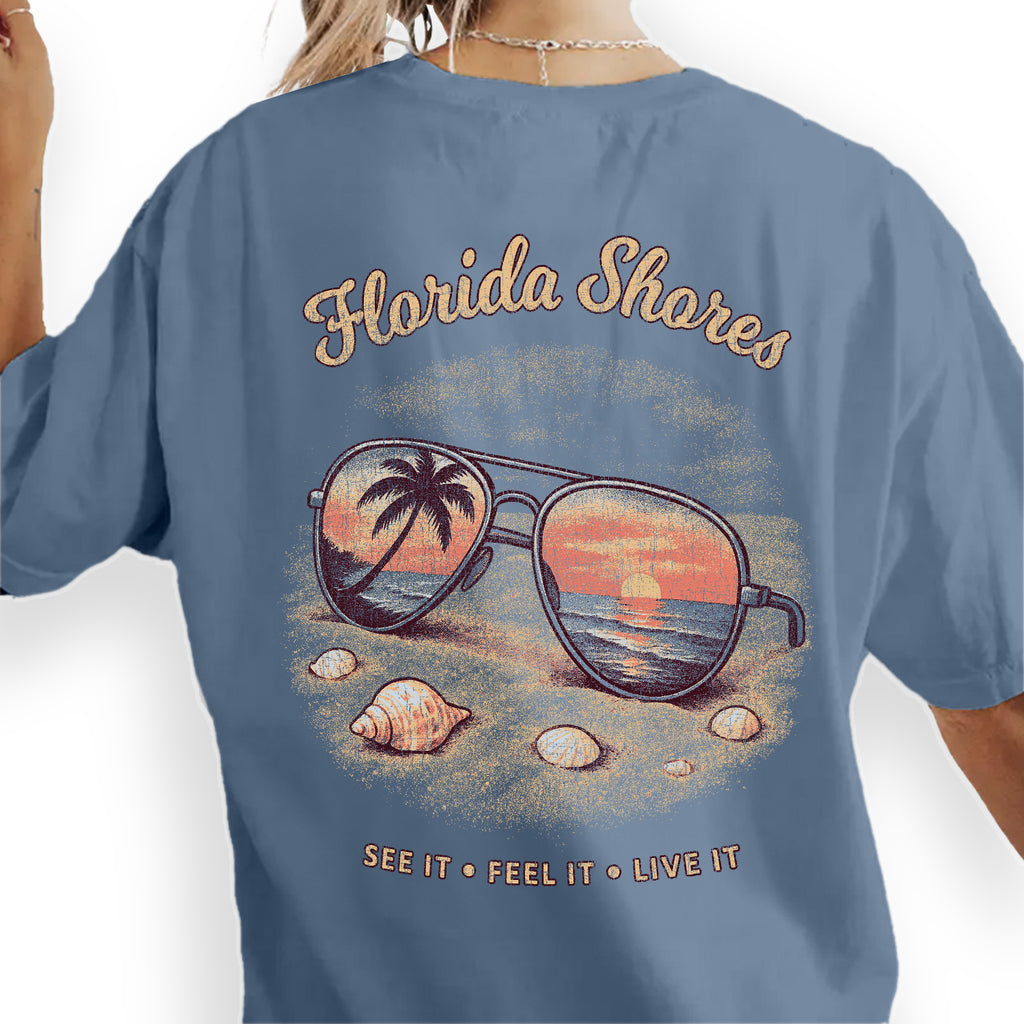 Florida Shores T-Shirt, Beach Sunset Reflection Tee, Coastal Vacation Souvenir Shirt, Retro Summer Graphic Top