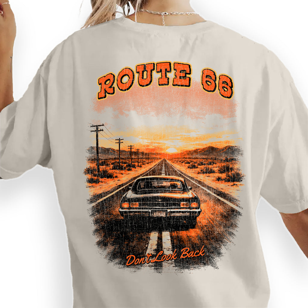 Route 66 Vintage Road Trip T-Shirt Retro Desert Highway Tee Classic Car Travel Graphic Adventure Shirt