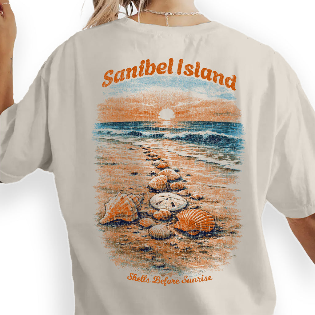 Sanibel Island Shell Shirt, Beach Sunset Tee, Coastal Florida T-Shirt, Seashell Graphic, Vacation Beach Souvenir Tee