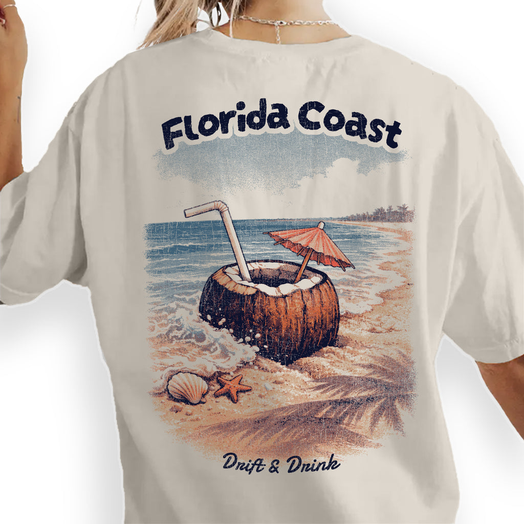 Florida Coast Coconut T-Shirt Vintage Beach Graphic Tee, Tropical Vacation Shirt, Retro Ocean Summer Tee Drift & Drink