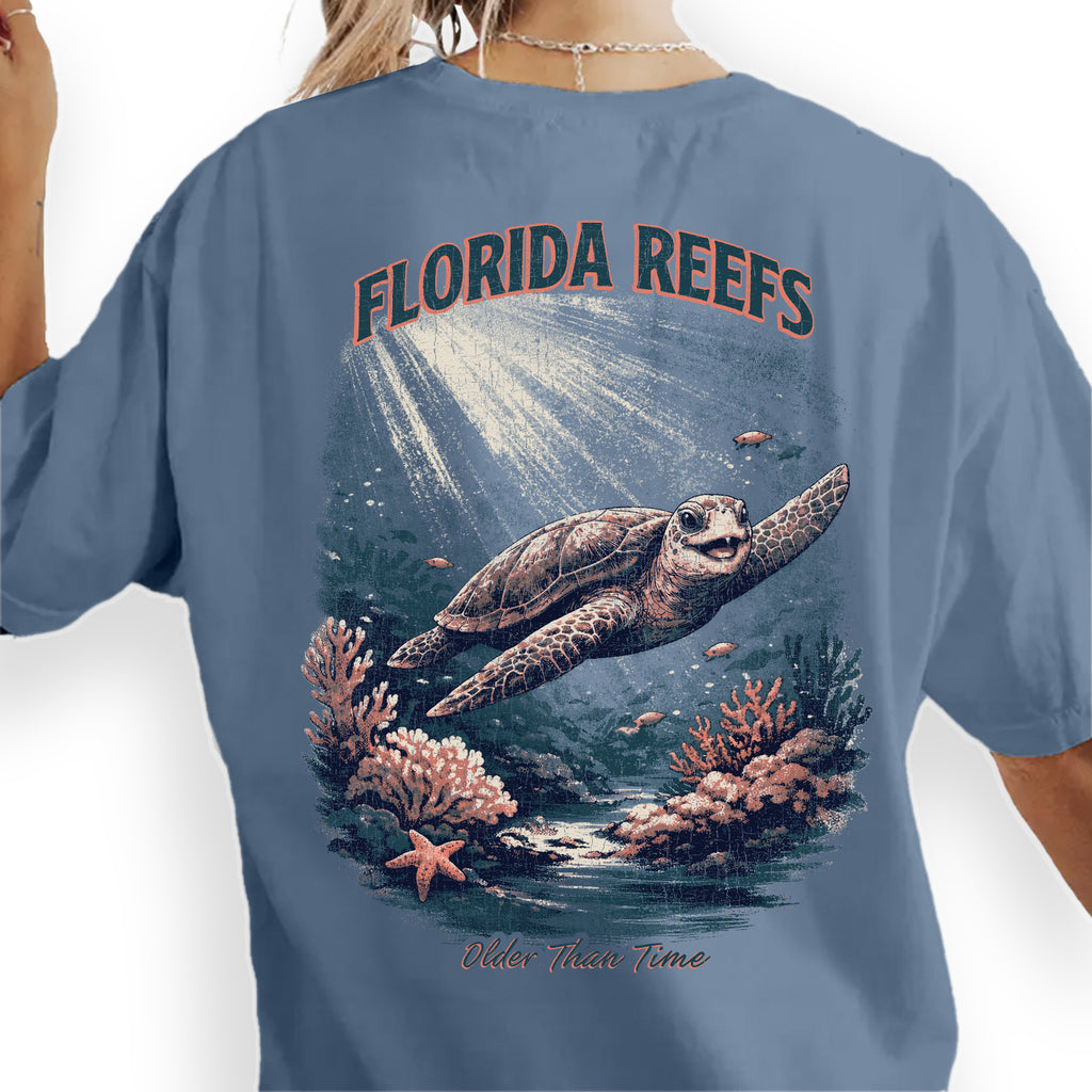 Florida Reefs Sea Turtle T-Shirt, Vintage Ocean Graphic Tee, Beach Coastal Shirt, Marine Life Summer Vacation Tee