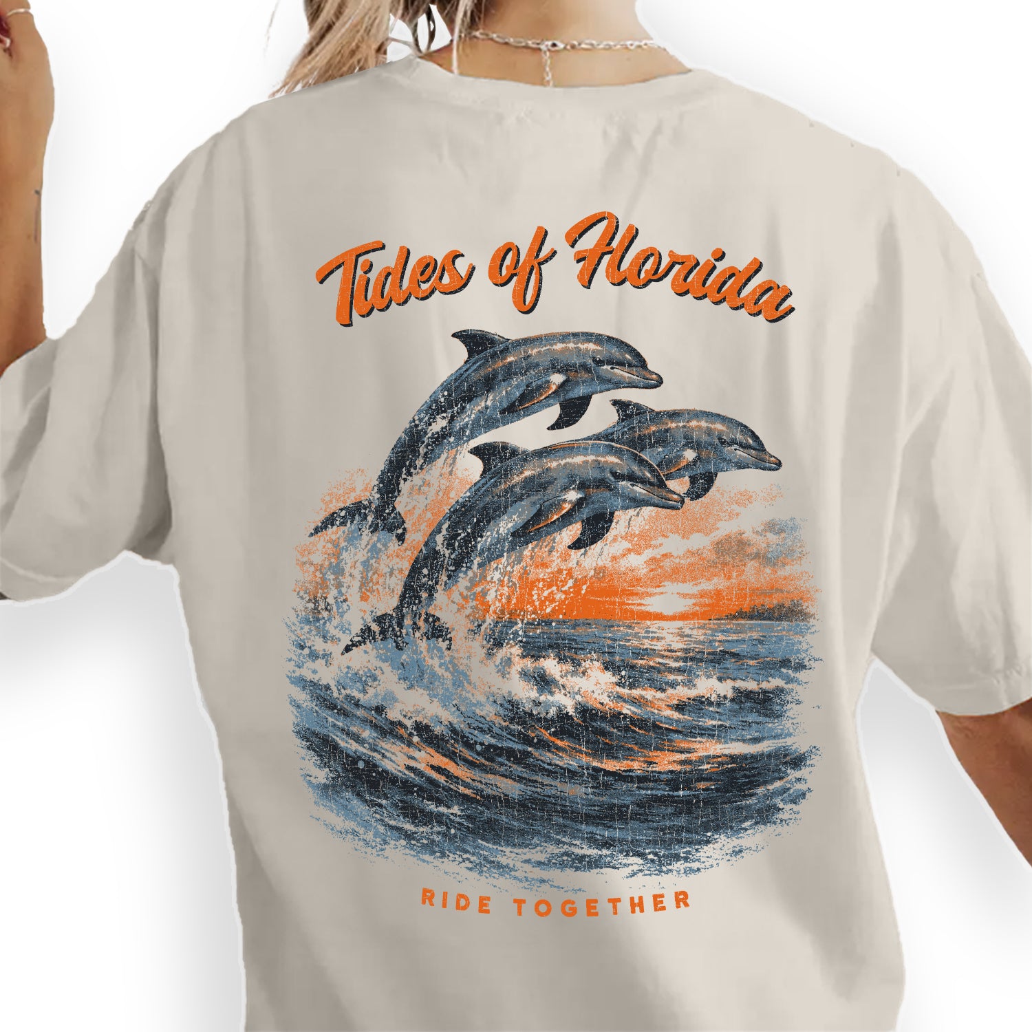 Florida Dolphin T-Shirt Vintage Ocean Sunset Tee Coastal Marine Life Graphic Beach Vacation Shirt