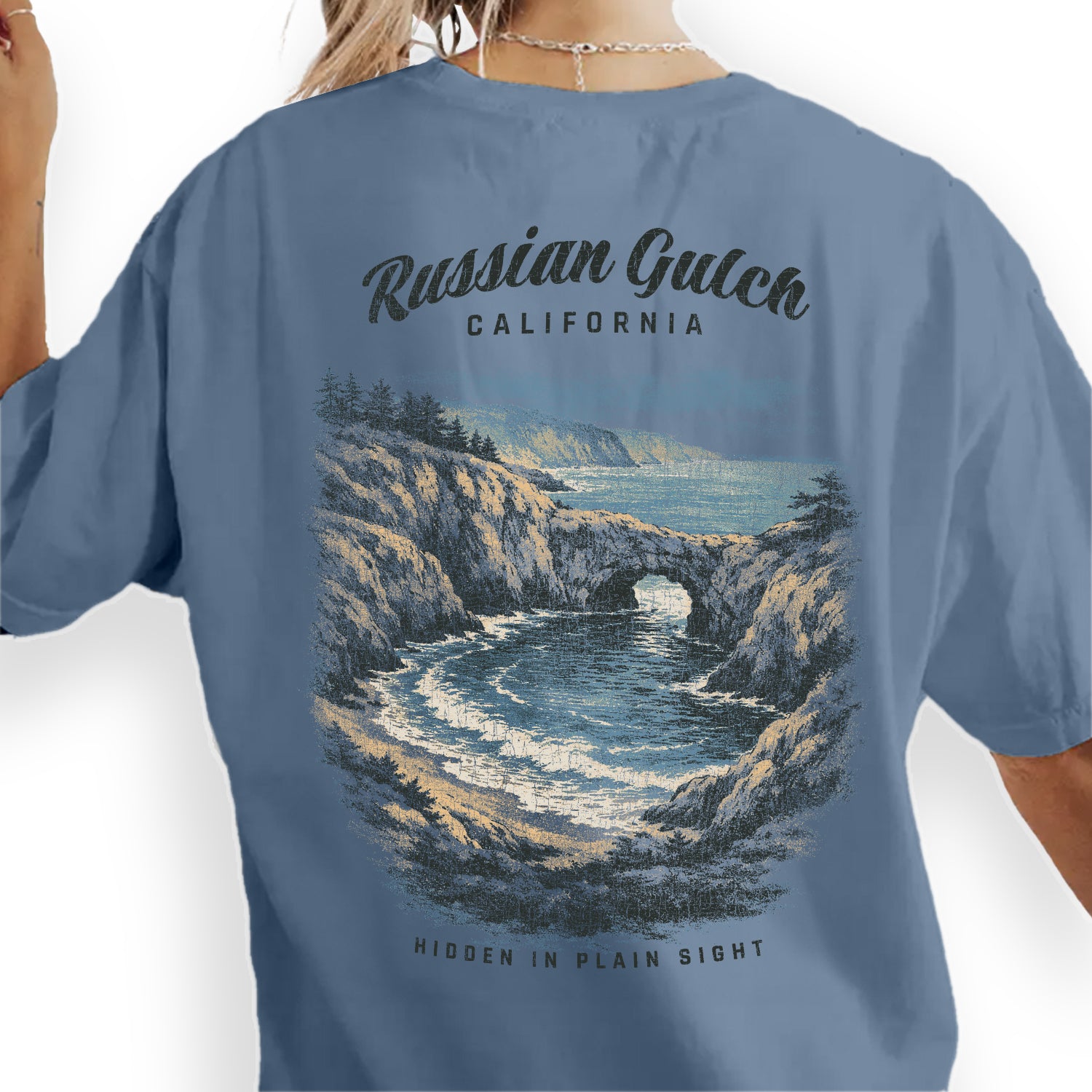 Russian Gulch California Shirt, Coastal Cliff Tee, Ocean Cove T-Shirt, Vintage Travel Graphic, Scenic Beach Nature Shirt