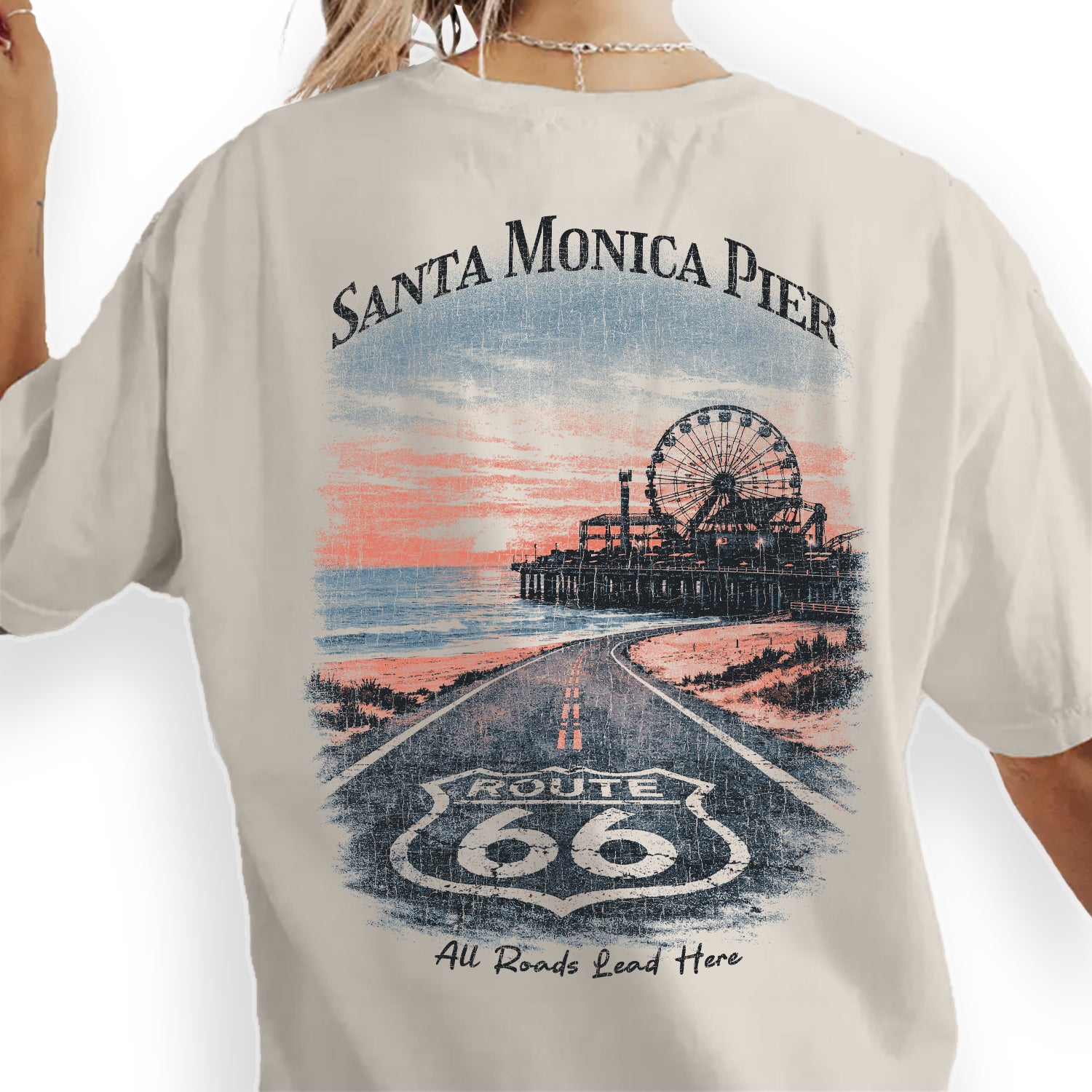 Santa Monica Pier Route 66 Shirt, California Beach Tee, Vintage Coastal T-Shirt, Retro Travel Graphic, Ocean Sunset Tee