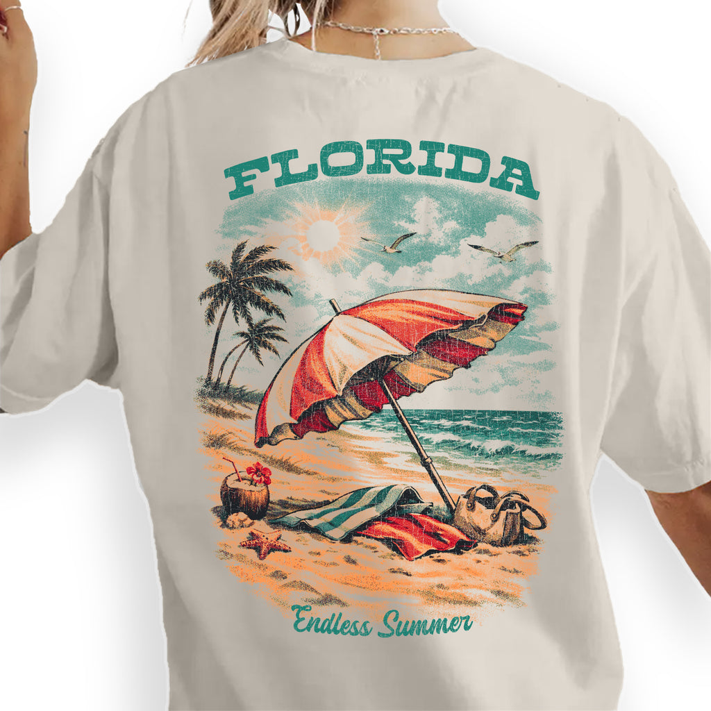 Florida Beach T-Shirt Vintage Summer Graphic Tee, Coastal Vacation Shirt, Retro Palm Tree Ocean Sunset Endless Summer Tee