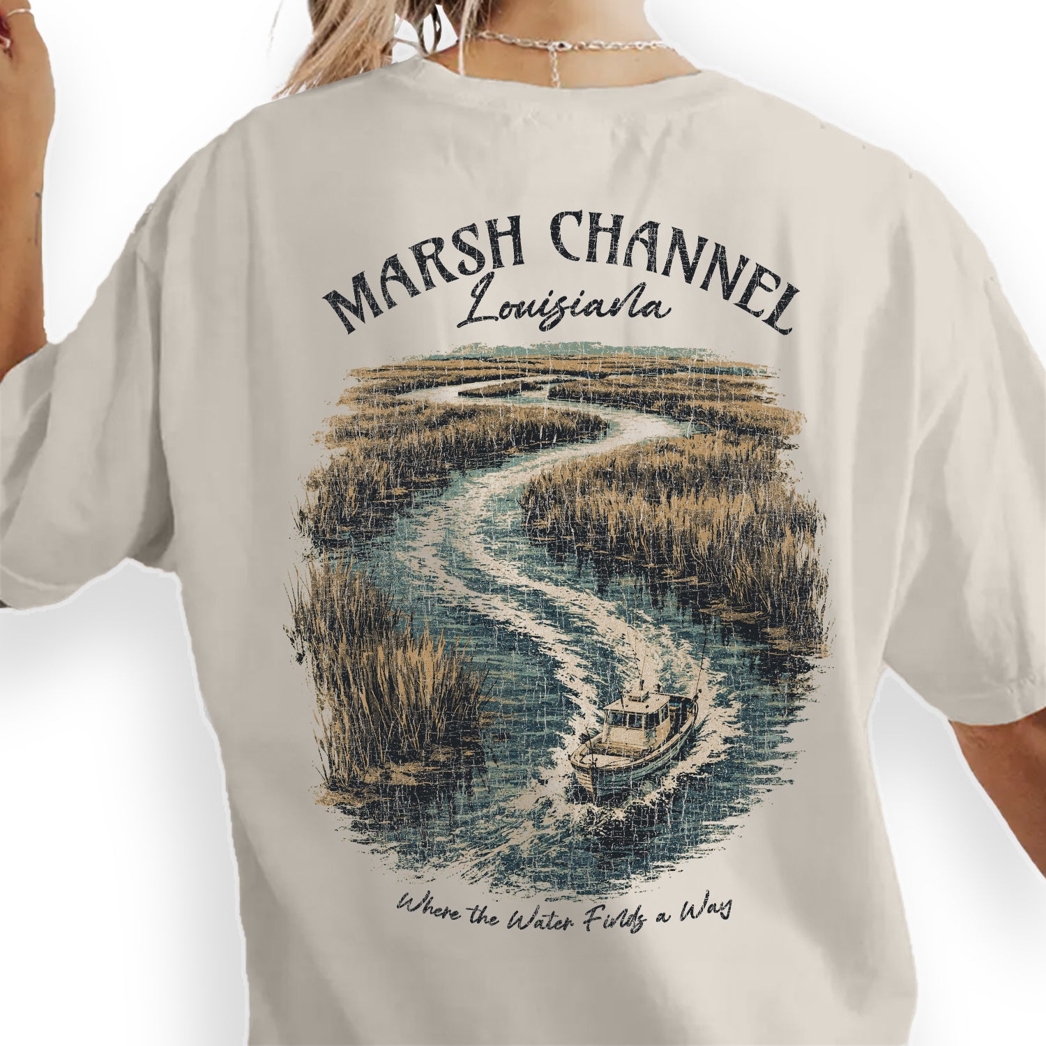 Marsh Channel Louisiana Shirt, Coastal Bayou Boat Tee, Vintage Fishing T-Shirt, Gulf Coast Nature Graphic Tee