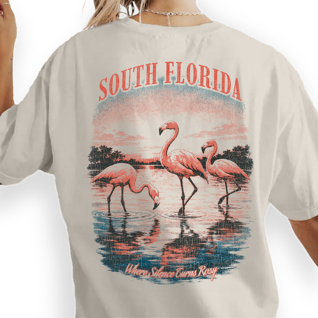 South Florida Flamingo T-Shirt Vintage Coastal Bird Tee Tropical Sunset Beach Graphic Summer Vacation Shirt