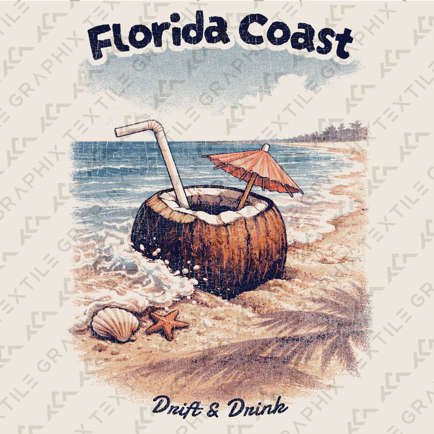 Florida Coast Coconut T-Shirt Vintage Beach Graphic Tee, Tropical Vacation Shirt, Retro Ocean Summer Tee Drift & Drink