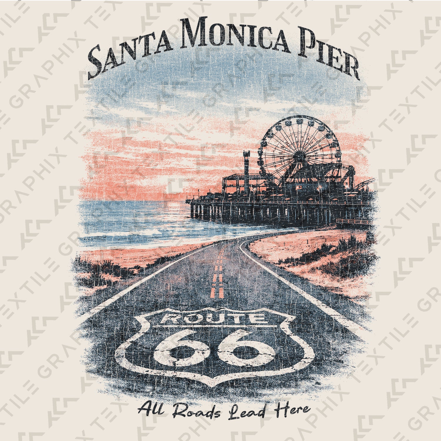 Santa Monica Pier Route 66 Shirt, California Beach Tee, Vintage Coastal T-Shirt, Retro Travel Graphic, Ocean Sunset Tee