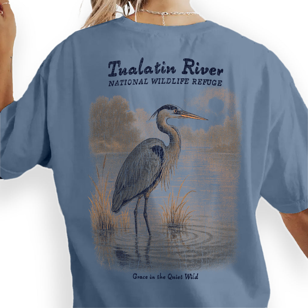 Tualatin River Wildlife Refuge T-Shirt – Grace in the Quiet Wild Heron Tee, Nature Birdwatcher Souvenir Gift