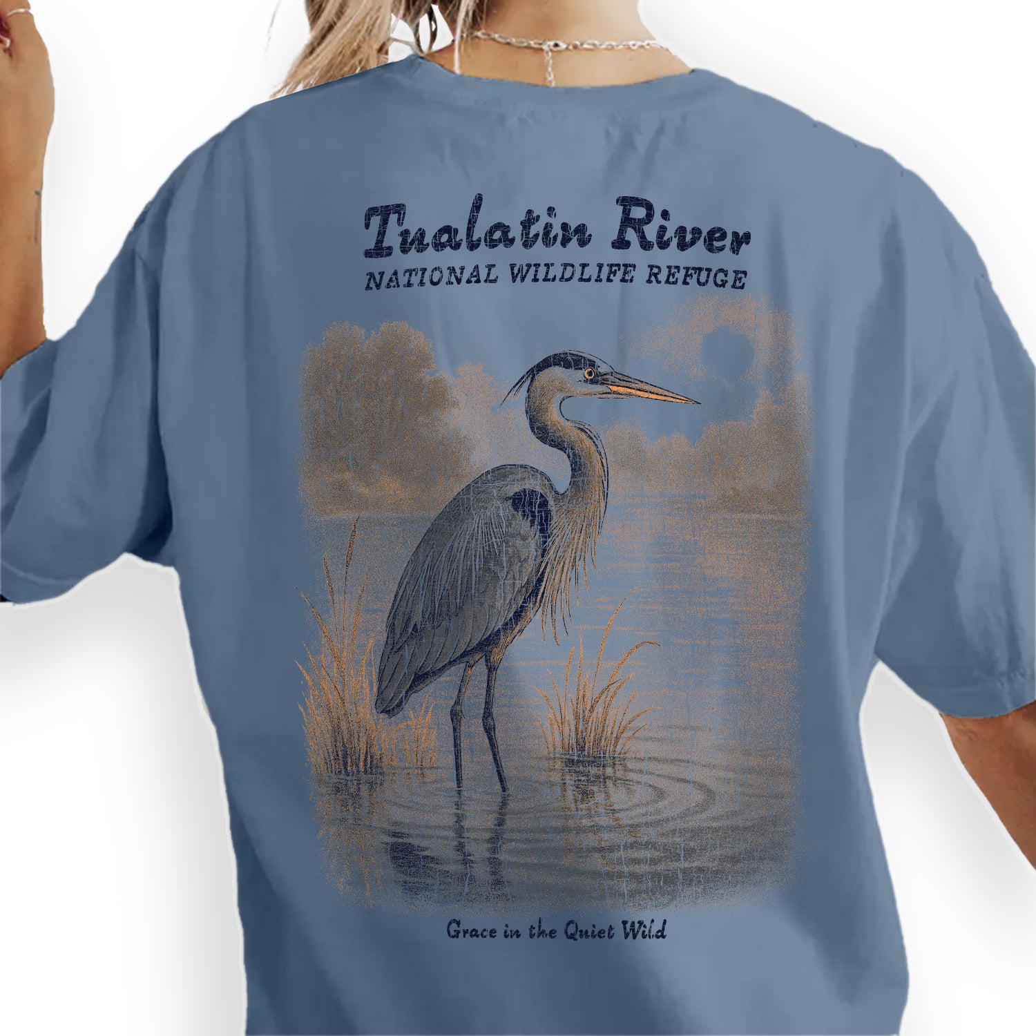 Tualatin River Wildlife Refuge T-Shirt – Grace in the Quiet Wild Heron Tee, Nature Birdwatcher Souvenir Gift