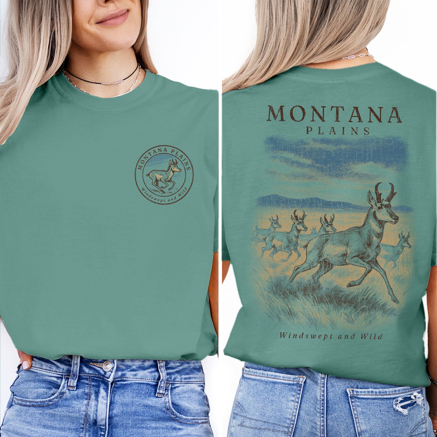 Montana Plains T-Shirt Vintage Pronghorn Antelope Tee | Wildlife Nature Scene Shirt | Western Travel Souvenir Graphic Tee