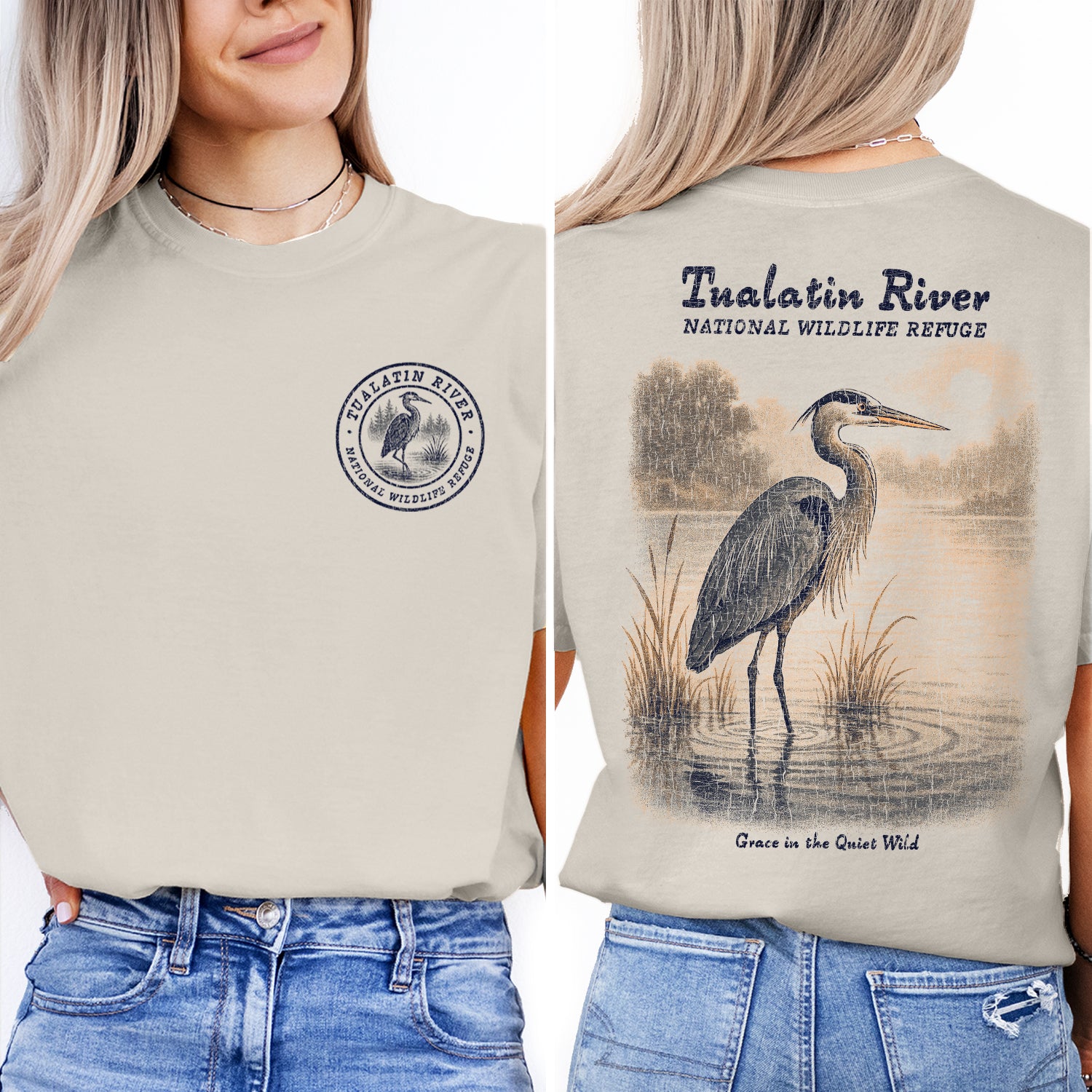 Tualatin River Wildlife Refuge T-Shirt – Grace in the Quiet Wild Heron Tee, Nature Birdwatcher Souvenir Gift