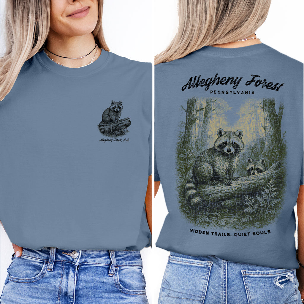 Allegheny Forest Raccoon T-Shirt Pennsylvania Souvenir | Nature Hiking Tee | Hidden Trails Quiet Souls Wildlife Shirt