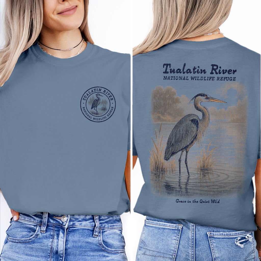 Tualatin River Wildlife Refuge T-Shirt – Grace in the Quiet Wild Heron Tee, Nature Birdwatcher Souvenir Gift