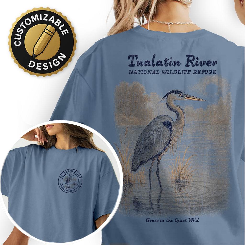 Tualatin River Wildlife Refuge T-Shirt – Grace in the Quiet Wild Heron Tee, Nature Birdwatcher Souvenir Gift
