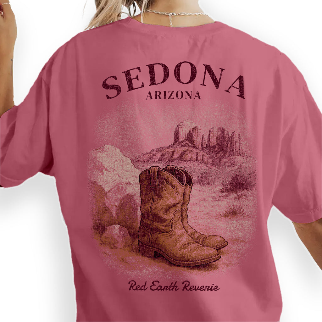 Sedona Arizona T-Shirt – Red Earth Reverie Western Desert Tee, Cowboy Boot Souvenir, Southwest Travel Gift Shirt