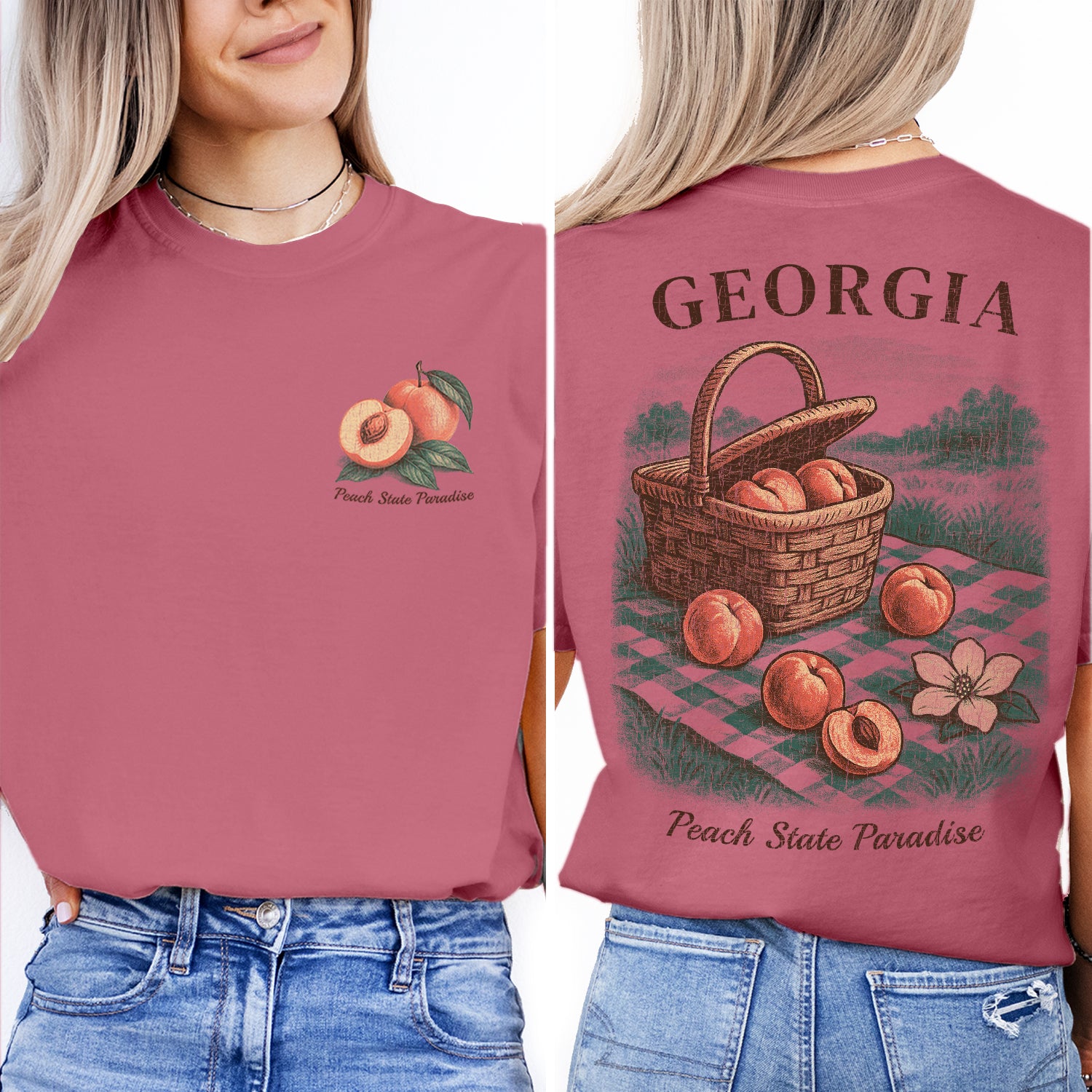 Georgia Peach State Paradise T-Shirt | Southern Vintage Tee | Fruit Basket Graphic | Georgia Souvenir Shirt