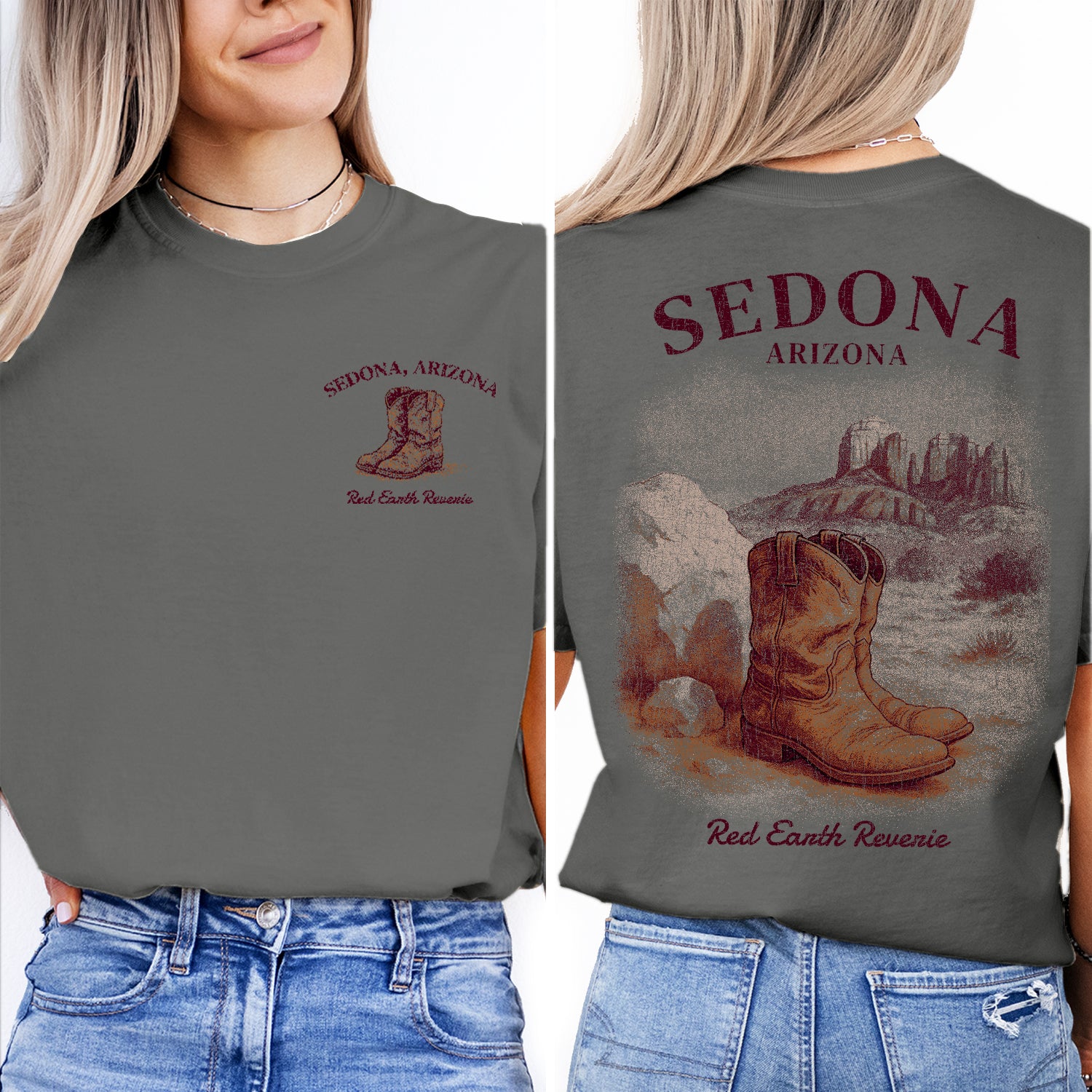 Sedona Arizona T-Shirt – Red Earth Reverie Western Desert Tee, Cowboy Boot Souvenir, Southwest Travel Gift Shirt