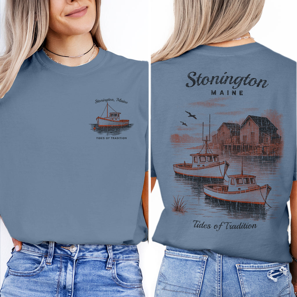 Stonington Maine T-Shirt – Tides of Tradition Lobster Boat Tee, Coastal Fishing Village Souvenir, Nautical Travel Gift