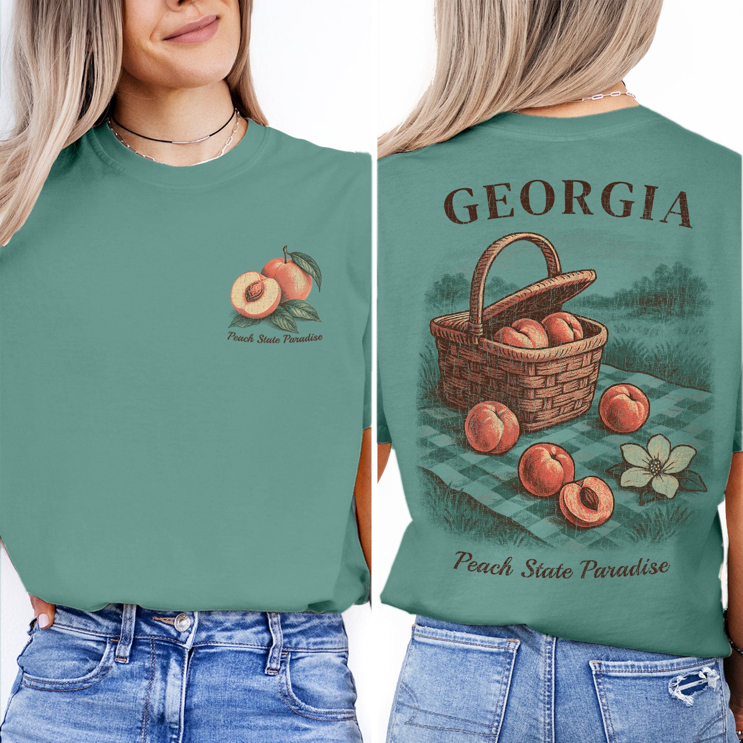 Georgia Peach State Paradise T-Shirt | Southern Vintage Tee | Fruit Basket Graphic | Georgia Souvenir Shirt