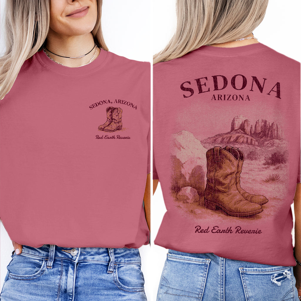 Sedona Arizona T-Shirt – Red Earth Reverie Western Desert Tee, Cowboy Boot Souvenir, Southwest Travel Gift Shirt