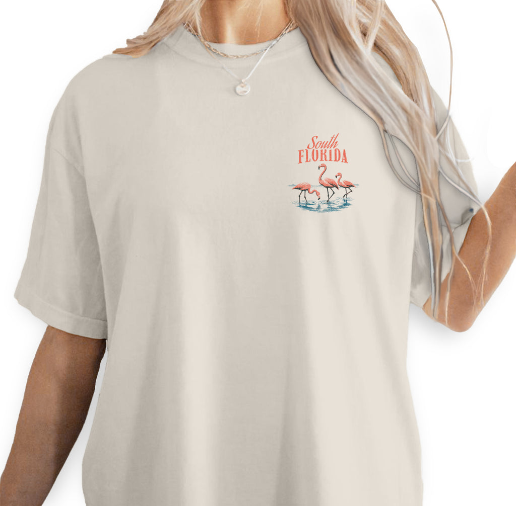 South Florida Flamingo T-Shirt Vintage Coastal Bird Tee Tropical Sunset Beach Graphic Summer Vacation Shirt