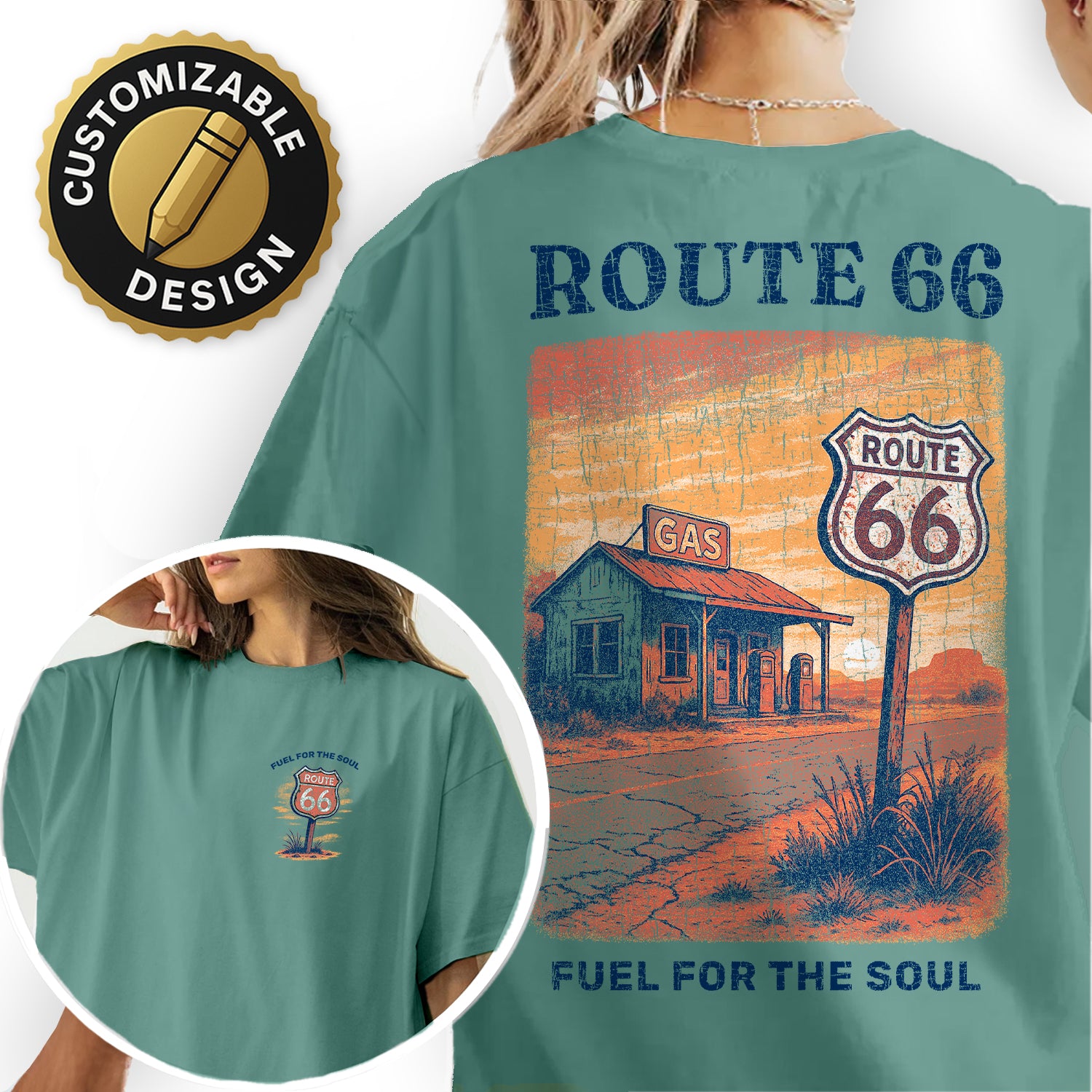 Vintage Route 66 T-Shirt Fuel for the Soul Graphic Tee | Retro Gas Station Road Trip Shirt for Travelers & Adventure Lovers