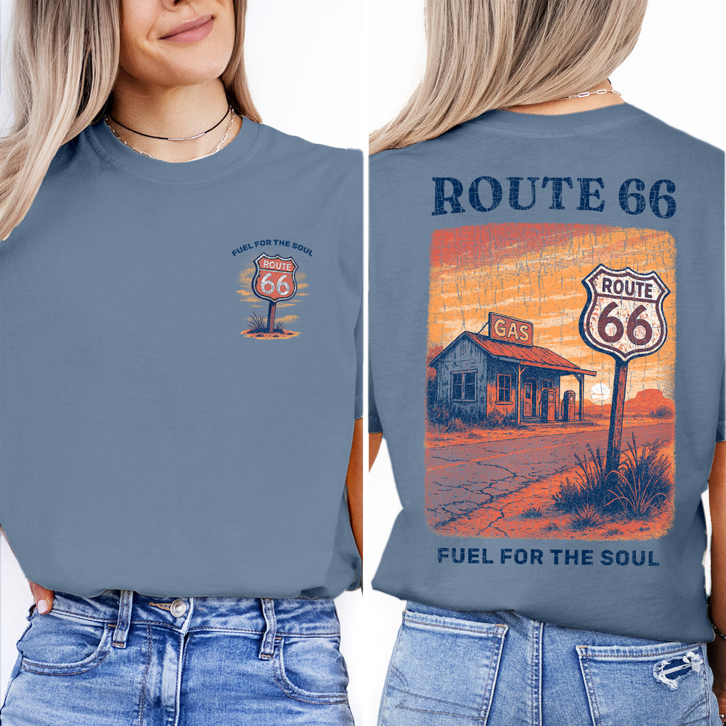 Vintage Route 66 T-Shirt Fuel for the Soul Graphic Tee | Retro Gas Station Road Trip Shirt for Travelers & Adventure Lovers