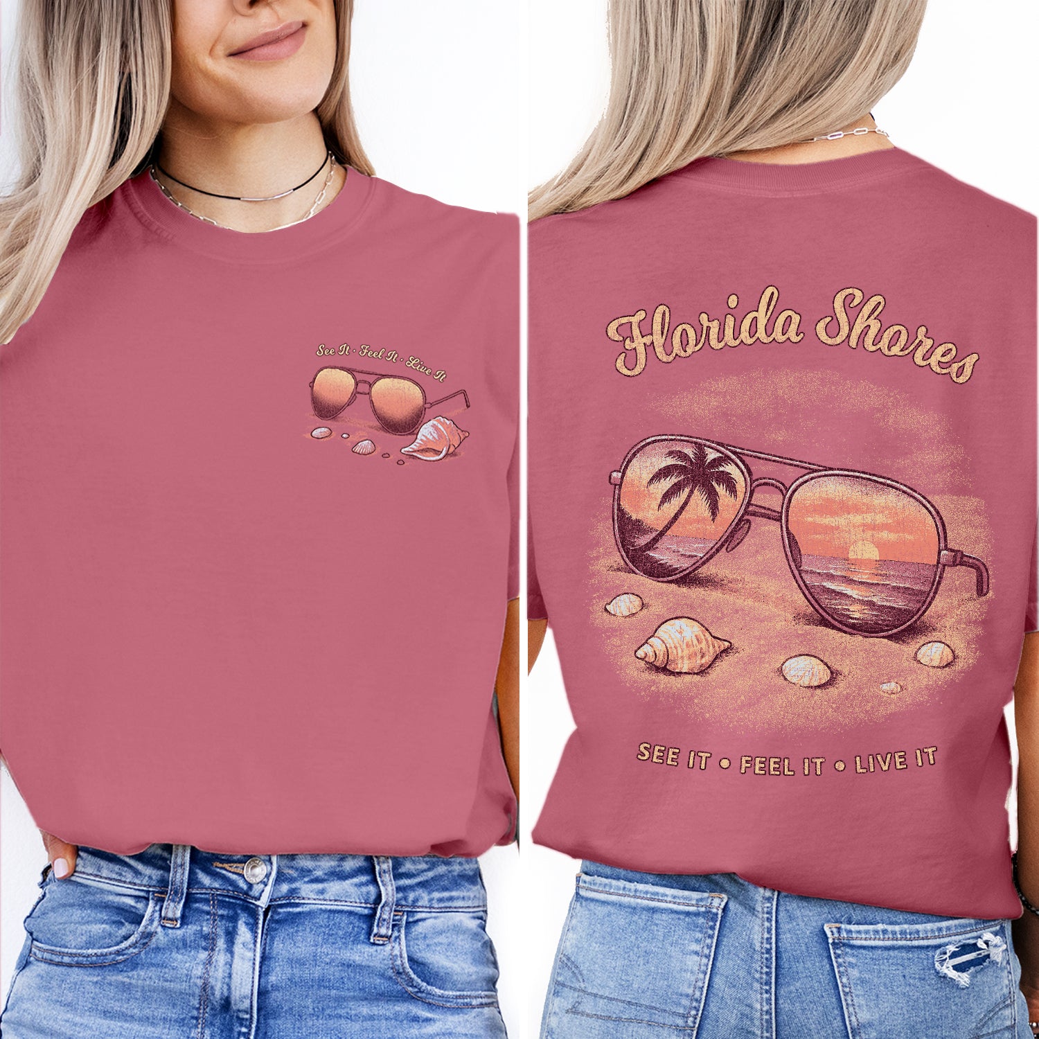Florida Shores T-Shirt, Beach Sunset Reflection Tee, Coastal Vacation Souvenir Shirt, Retro Summer Graphic Top