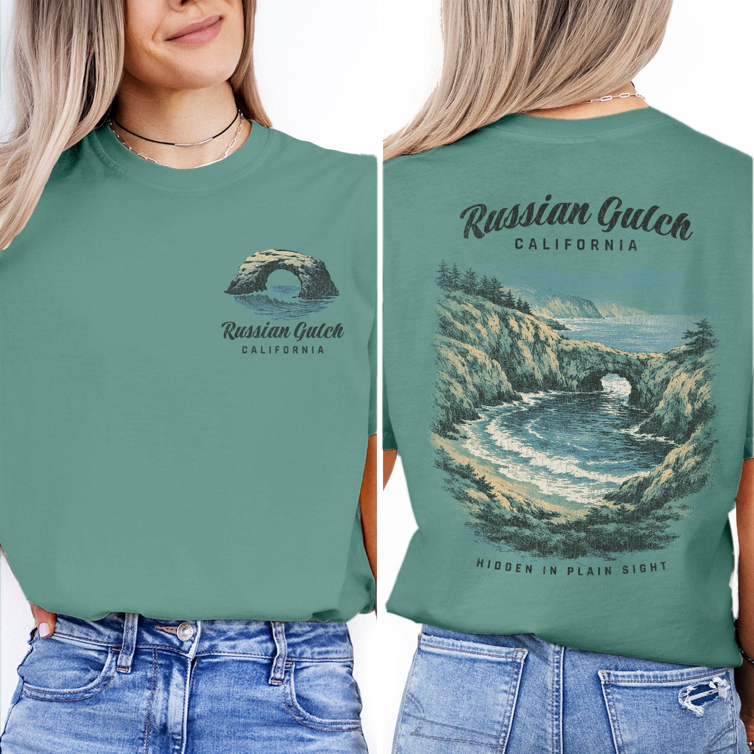 Russian Gulch California Shirt, Coastal Cliff Tee, Ocean Cove T-Shirt, Vintage Travel Graphic, Scenic Beach Nature Shirt