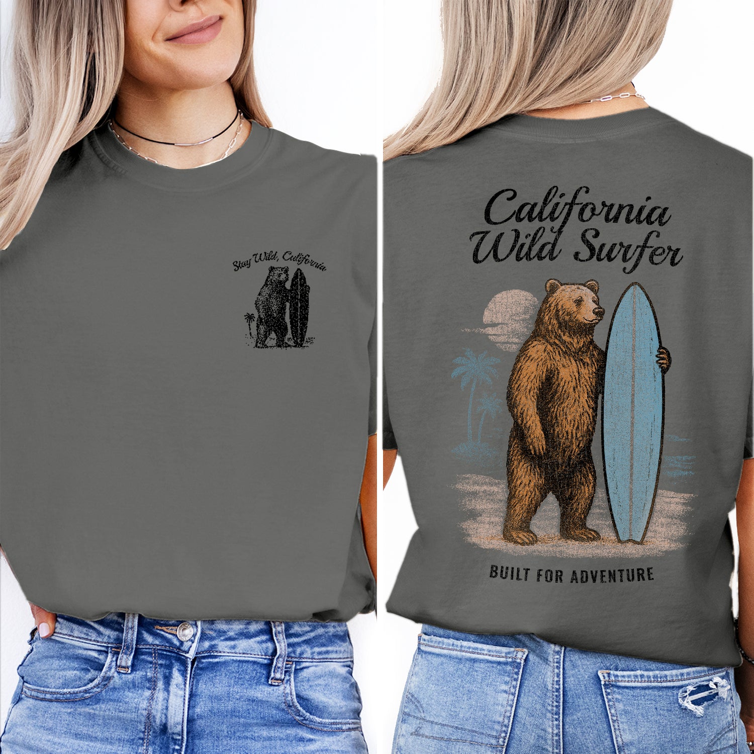 California Wild Surfer T-Shirt, Bear Surfing Tee, Stay Wild California Shirt, Vintage Coastal Adventure Graphic Tee