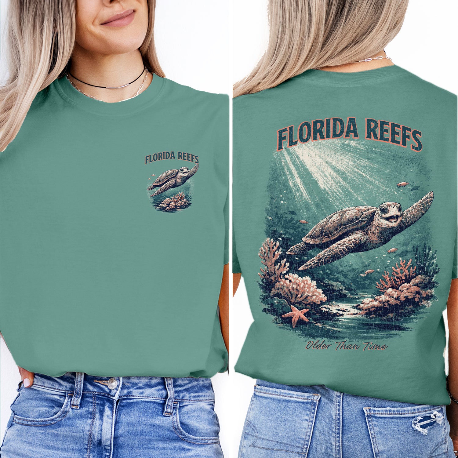 Florida Reefs Sea Turtle T-Shirt, Vintage Ocean Graphic Tee, Beach Coastal Shirt, Marine Life Summer Vacation Tee