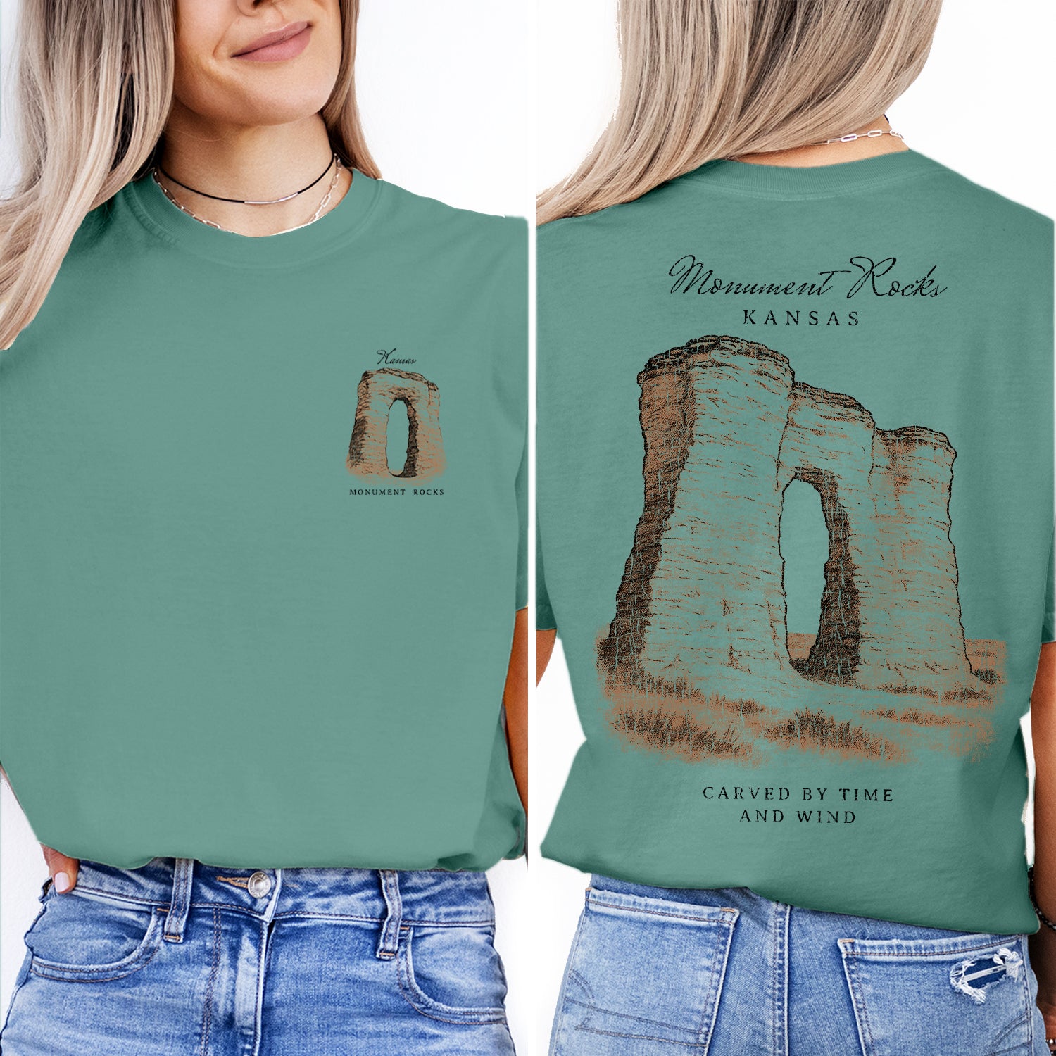 Monument Rocks Kansas T-Shirt Vintage Travel Tee | Kansas Landmark Souvenir Shirt | Prairie Rock Formation Nature Graphic Tee