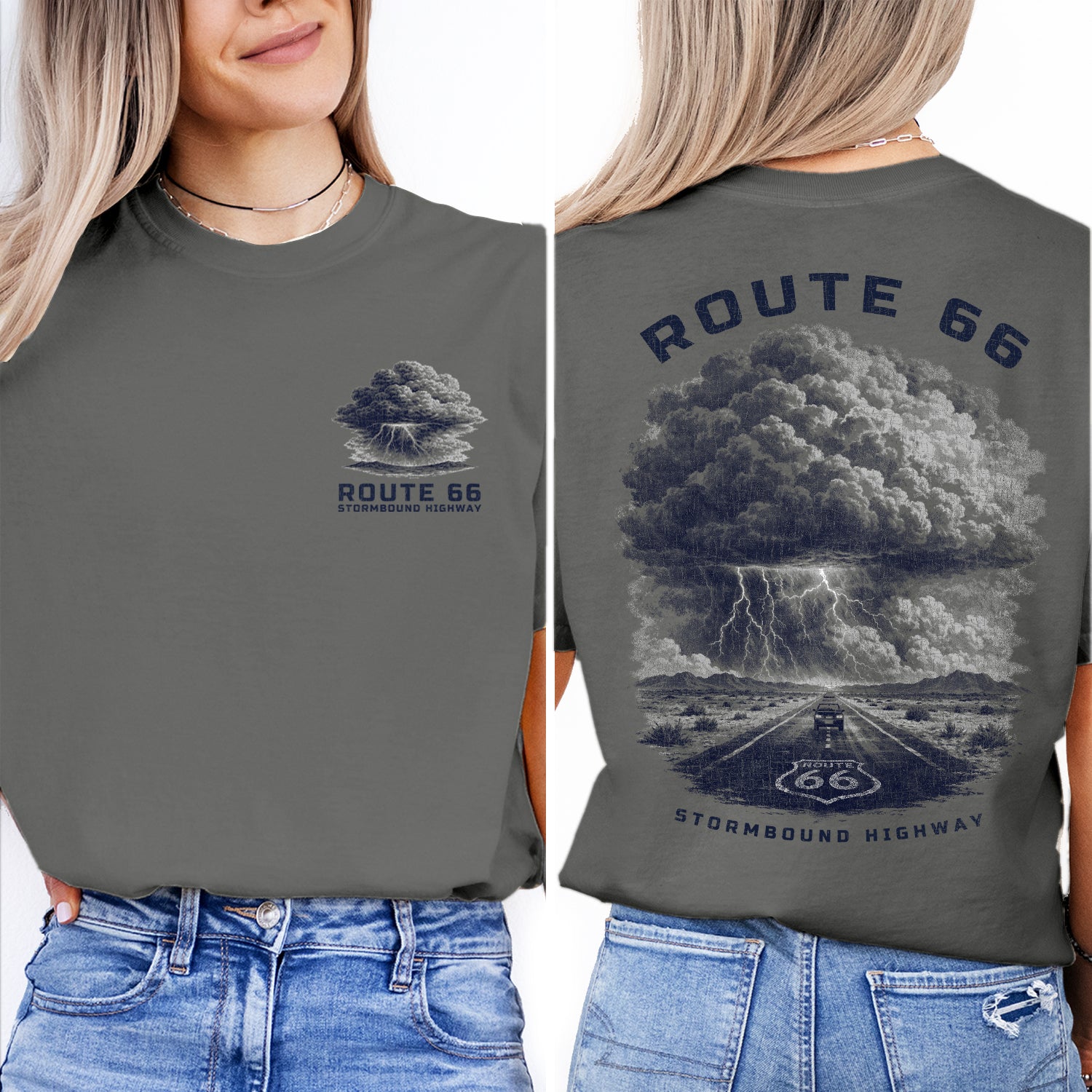 Route 66 Storm Shirt, Vintage Highway Tee, Road Trip T-Shirt, Lightning Storm Graphic, Retro Travel Desert Road Tee