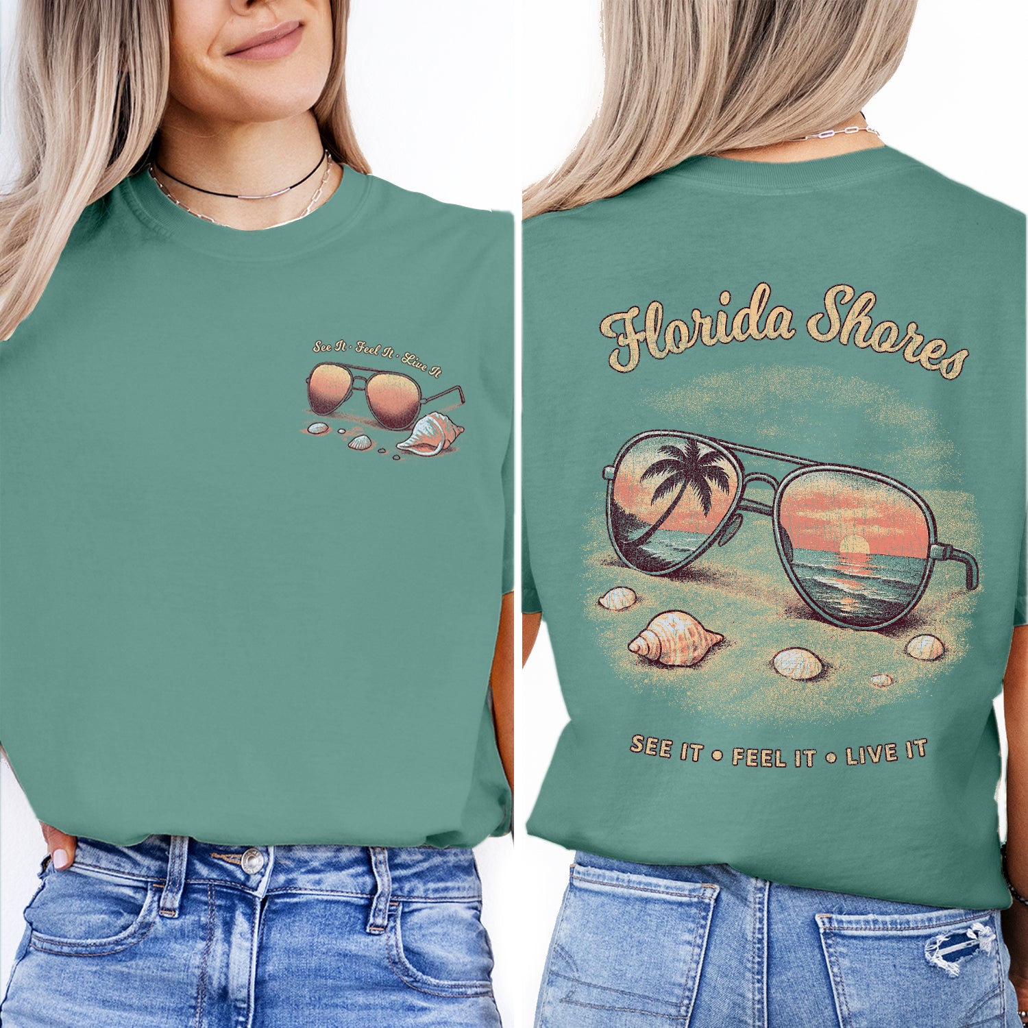 Florida Shores T-Shirt, Beach Sunset Reflection Tee, Coastal Vacation Souvenir Shirt, Retro Summer Graphic Top