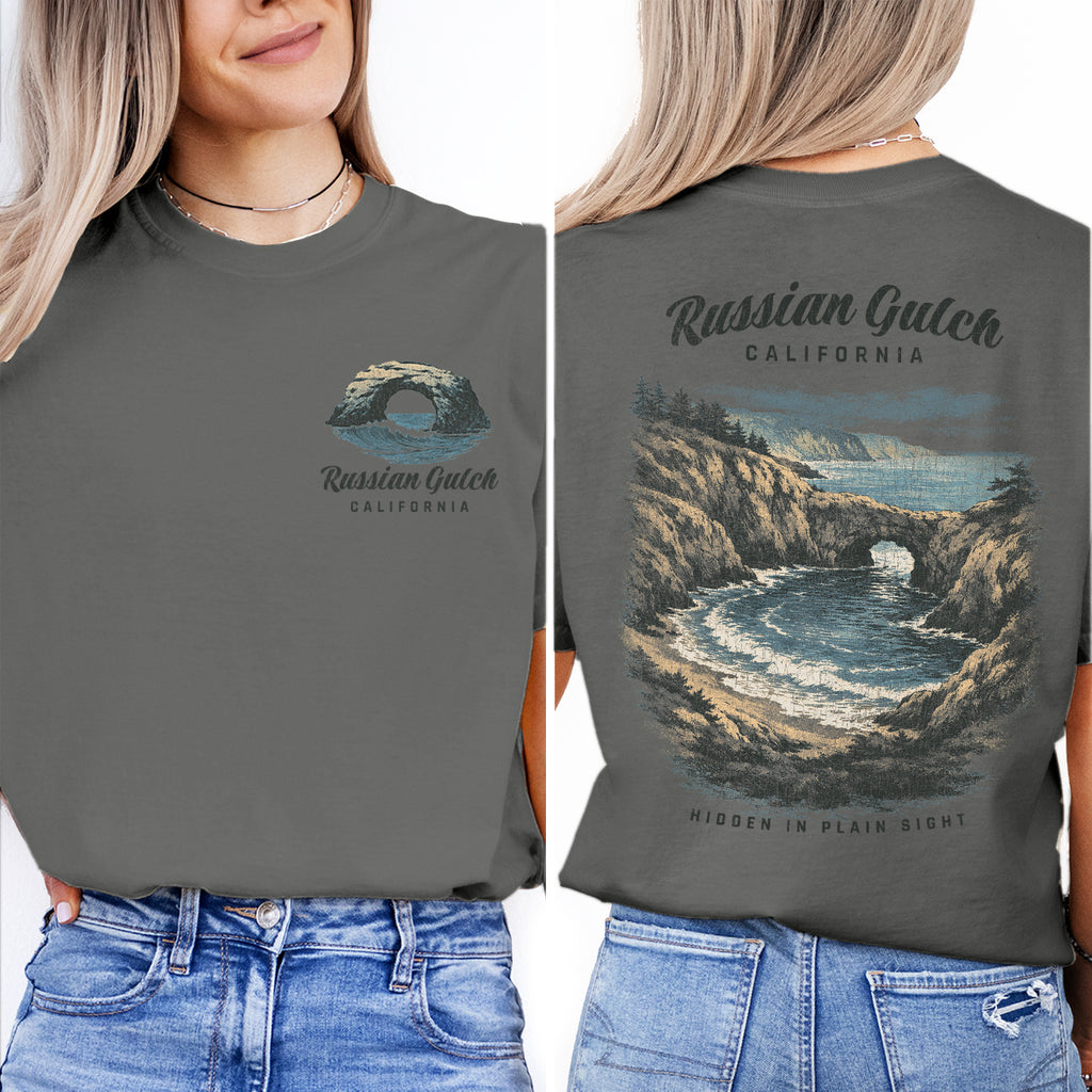 Russian Gulch California Shirt, Coastal Cliff Tee, Ocean Cove T-Shirt, Vintage Travel Graphic, Scenic Beach Nature Shirt