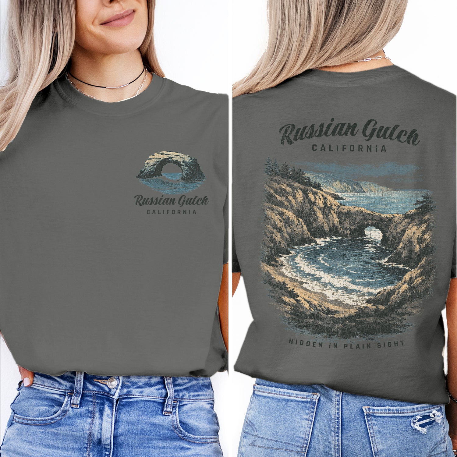 Russian Gulch California Shirt, Coastal Cliff Tee, Ocean Cove T-Shirt, Vintage Travel Graphic, Scenic Beach Nature Shirt