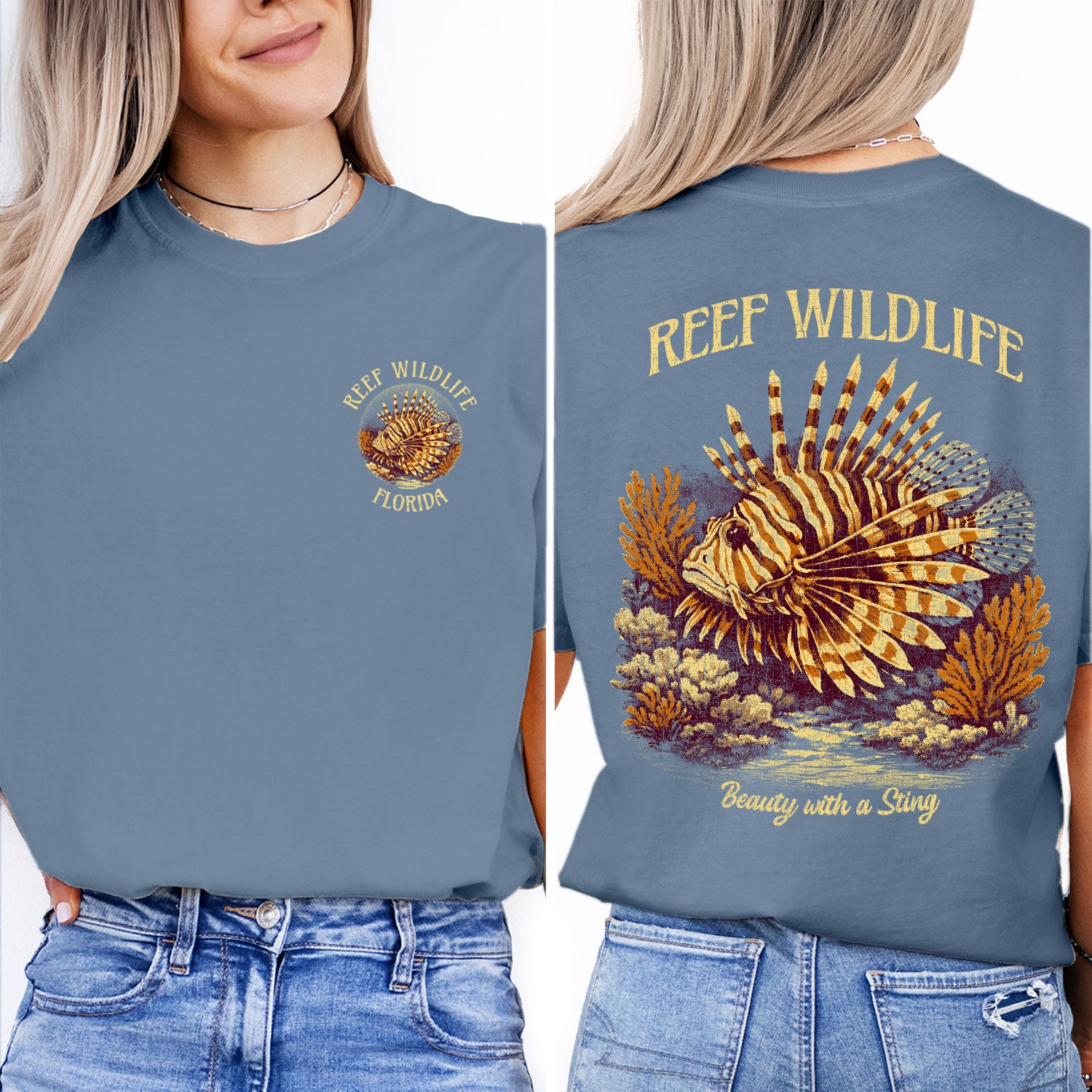 Reef Wildlife Lionfish T-Shirt Vintage Marine Life Tee Tropical Ocean Fish Graphic Coastal Beach Shirt
