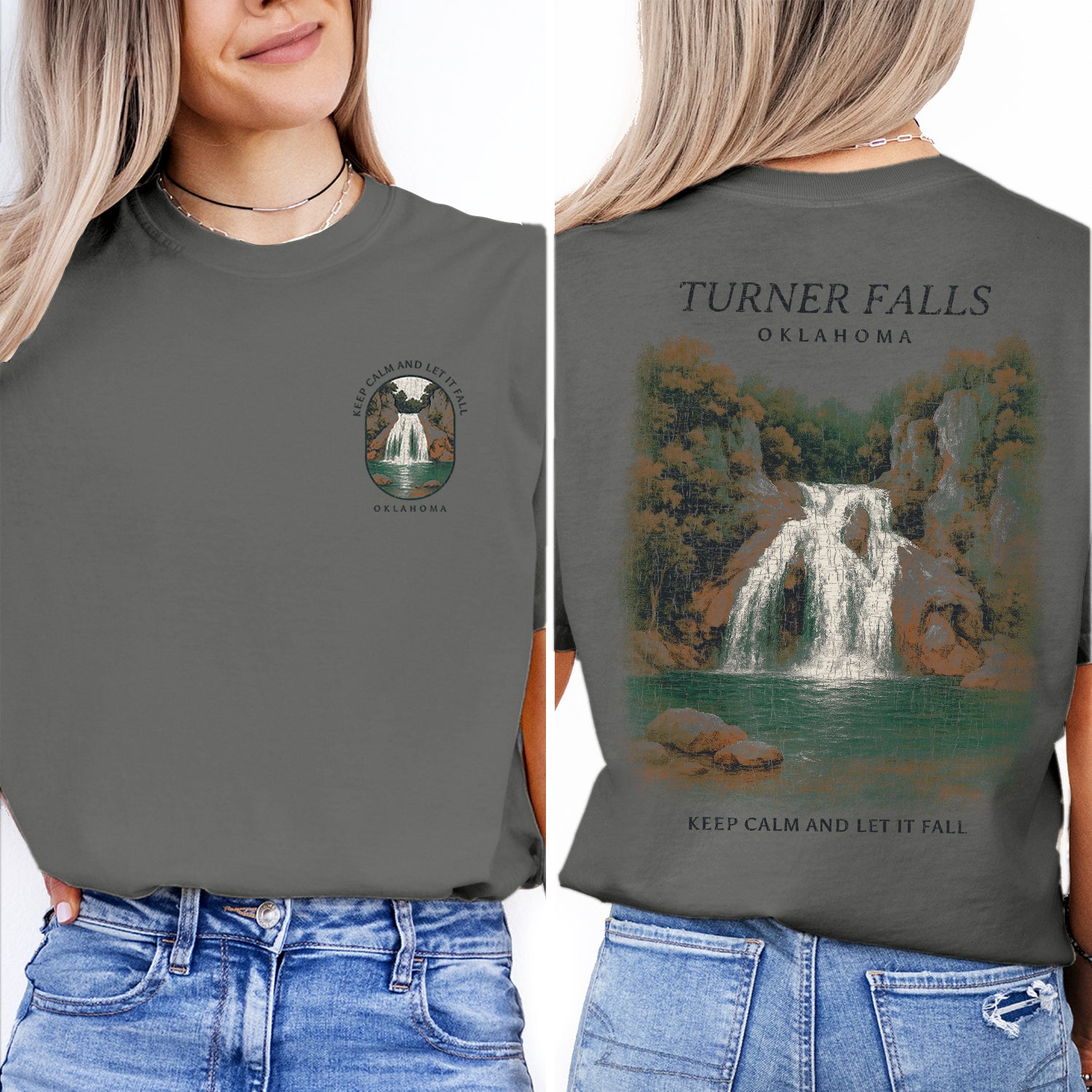 Turner Falls Oklahoma T-Shirt Vintage Waterfall Tee | Oklahoma Souvenir Shirt | Nature Travel Graphic Keep Calm and Let It Fall