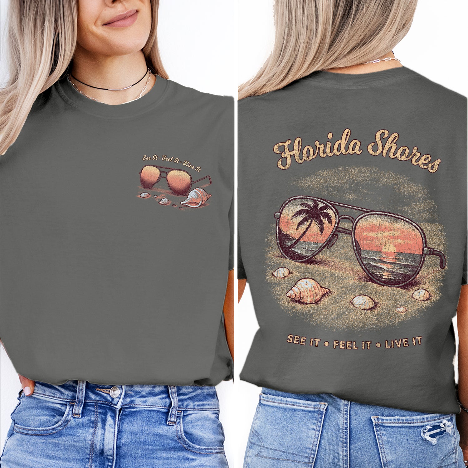 Florida Shores T-Shirt, Beach Sunset Reflection Tee, Coastal Vacation Souvenir Shirt, Retro Summer Graphic Top