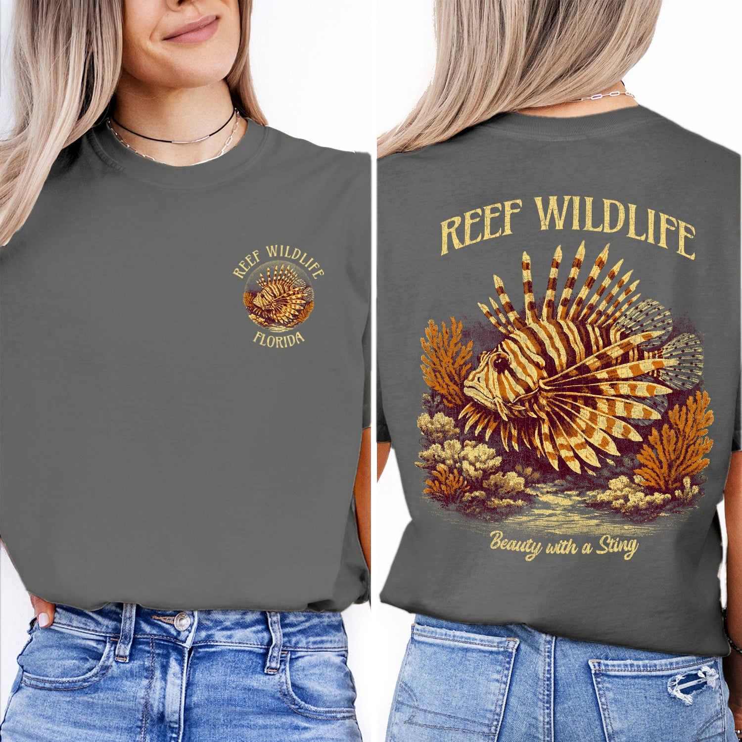 Reef Wildlife Lionfish T-Shirt Vintage Marine Life Tee Tropical Ocean Fish Graphic Coastal Beach Shirt