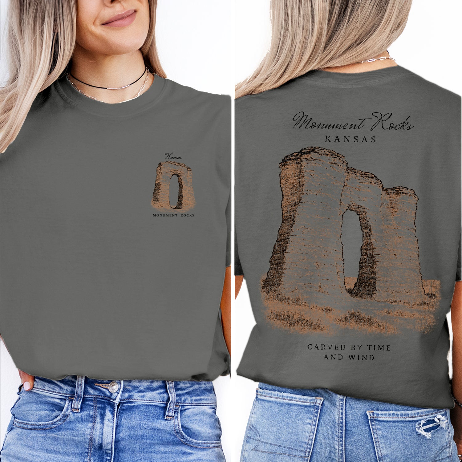 Monument Rocks Kansas T-Shirt Vintage Travel Tee | Kansas Landmark Souvenir Shirt | Prairie Rock Formation Nature Graphic Tee